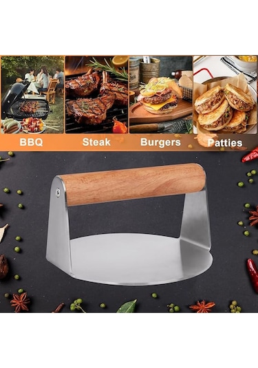 Yuvarlak Smash Burger Presi,16 Cm ,3 Mm 304 Paslanmaz Çelik Ahşap