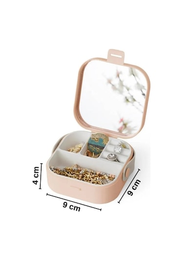 Taşınabilir Makyaj Takı Kutusu Mini Boy Aynalı Organizer Krem