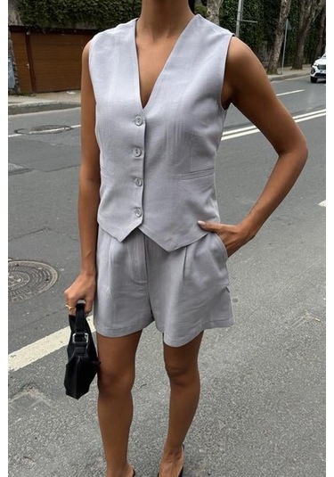 Yelek Şort Flamlı Keten Takım 10133-17 Gri