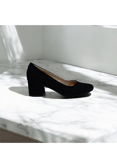 Fiyra 7028 Siyah Süet 5cm Kare Topuklu Bayan Stiletto Ayakkabı Siyah Süet