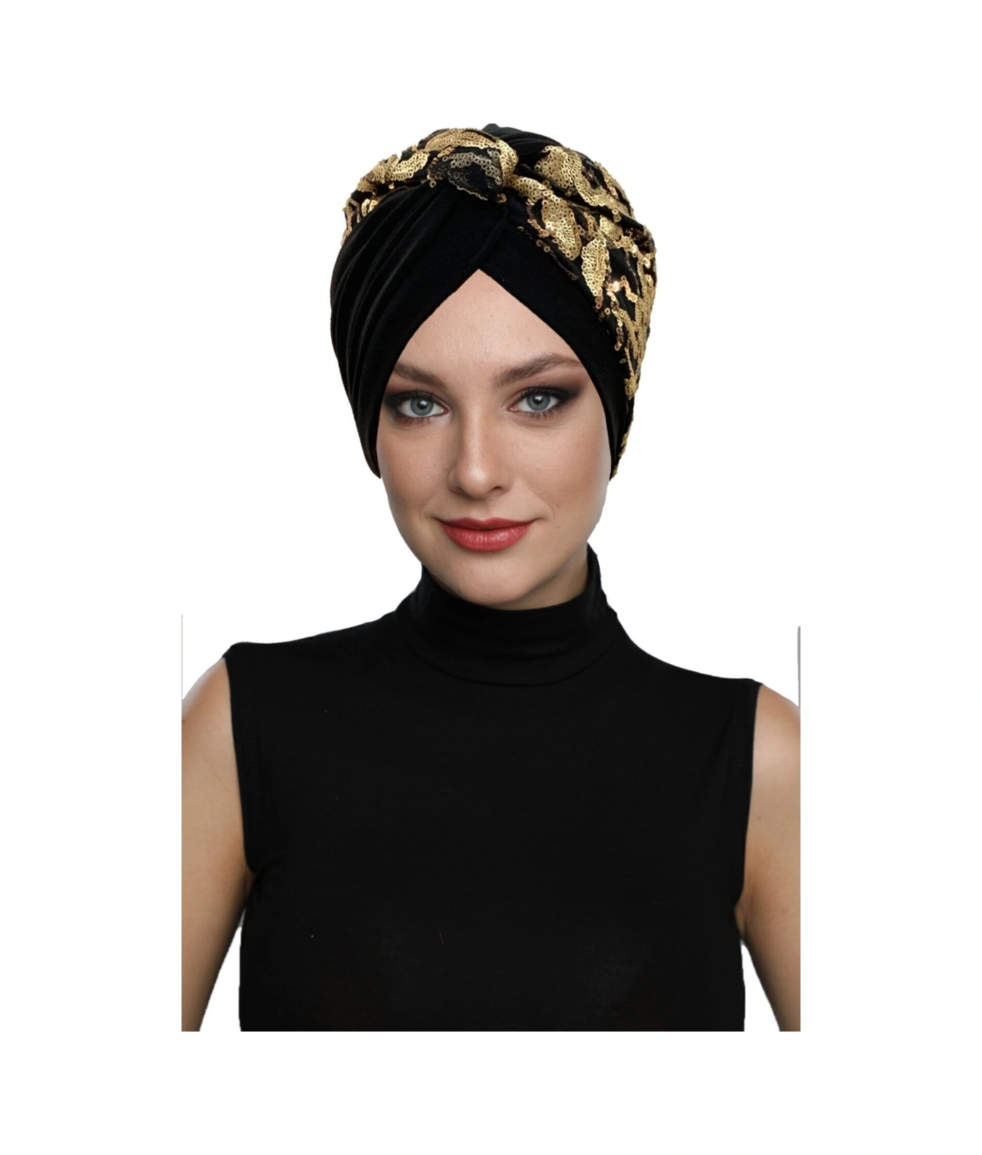 Özel Tasarım Siyah Üzeri Altın Payetli Etnik Desenli Astarlı Hazır Türban Tesettür Abiye Bone Siyah5