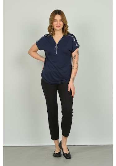 Ella Camelia Kadın Fermuarlı Kısa Kol Bluz 20e038 Lacivert