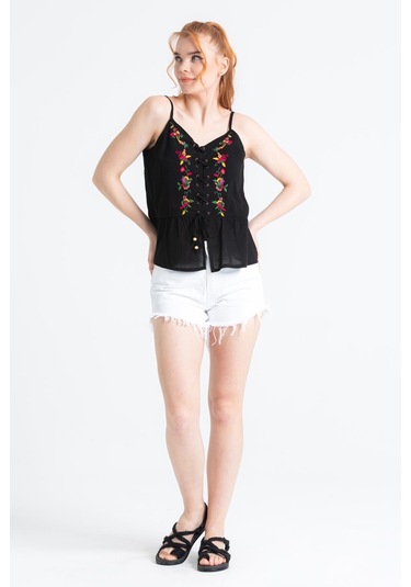 Askılı Şile Bezi Bihter Nakışlı Yazlık Bluz Siyah Syh-siyah