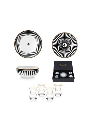 Siyah Aşk Tabak&çay Kahve Seti 20 Parça 4 Kişilik Altın - Beyaz - Siyah