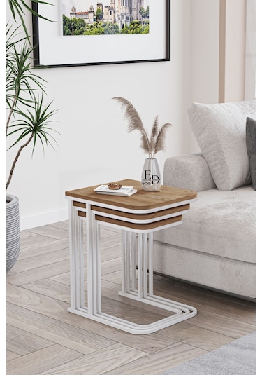 Lyon 3'lü C Zigon Sehpa Beyaz Metal - Atlantik Çam Tabla