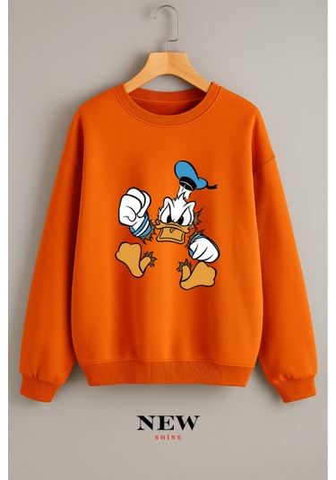 Ördek Baskılı Bisiklet Yaka Sweatshirt Turuncu