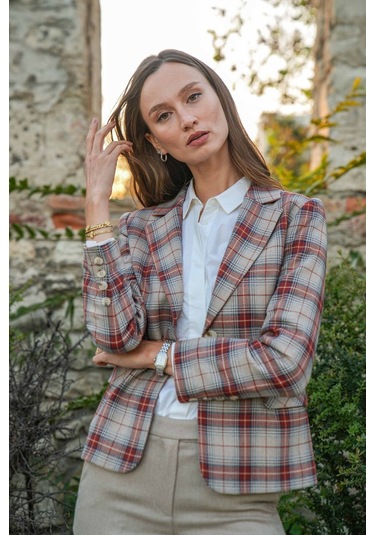 Kadın Ekose Desenli Blazer Ceket Frn6107 Kahverengi