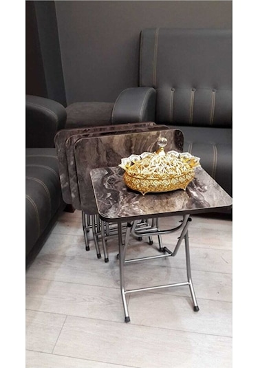 Harmony Katlanabilir Siyah Mermer Zigon 4'lü Sehpa Takım Paslanmaz Gri Metal Ayaklı Siyah Mermer