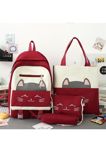Ortaokul Öğrencileri Ve Ilkokul Öğrencileri Kanvas Okul Çantası Dört Parçalı Set Sırt Çantası 1ct6cı Kırmızı