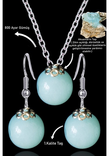 Sertifikalı Küre Orijinal Akuamarin Taşı Kolye Ve Küpe Seti - Güm Çok Renkli