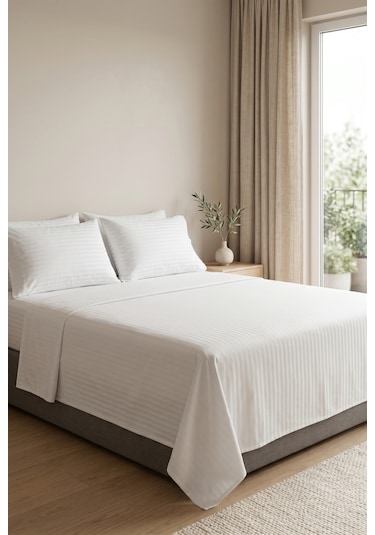 Goldroom Home Çizgili Pamuk Saten Çift Kişilik Nevresim Takımı Beyaz