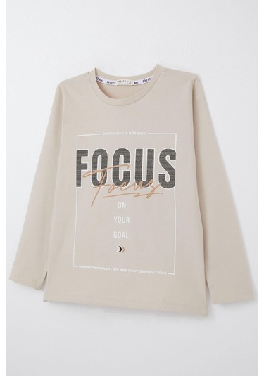 Breeze Erkek Çocuk Uzun Kollu Tişört Slogan Temalı Yazı Baskılı 6-12 Yaş, Bej Bej