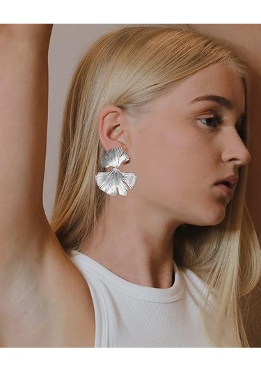 Ginkgo Yaprağı Çiçek Küpeleri, Altın Geometrik Gösterişli Küpe Silver