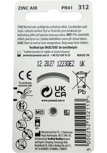 Yesmed Extra Power 312 No Kulaklık Pili 1 Paket 6 Adet Pil