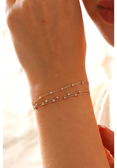 Moom Mücevherat 14 Ayar Altın Dorika Toplu Altın Bileklik Renkli Toplar Üç Sıra Çok Renkli