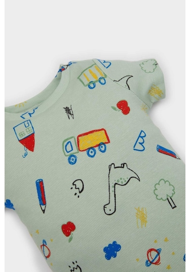 DeFacto Erkek Bebek 2'li Takım Dinazor Baskılı Kısa Kollu Fitilli Kaşkorse Çıtçıtlı Body Beli Lastikli Şort E8227A525SMGN1132 Yeşil