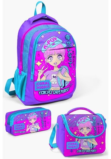 Coral High Kids Mor Pembe Mavi Simli K-pop Desenli 3 Lü Okul Çanta Seti Set0114403