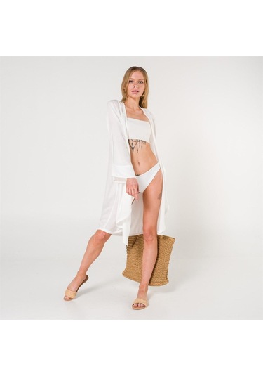 Mona Kadın Kruvaze Pul Baskılı Plaj Elbisesi Ekru