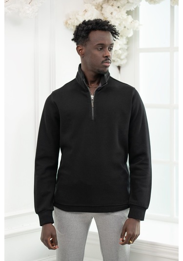 San&Fa Regular Fit Biyeli Fermuarlı Dik Yaka Armürlü Pamuklu Sweatshirt Siyah