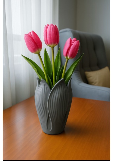 Lotus 3d Modern Tarz Dekoratif Vazo Gri