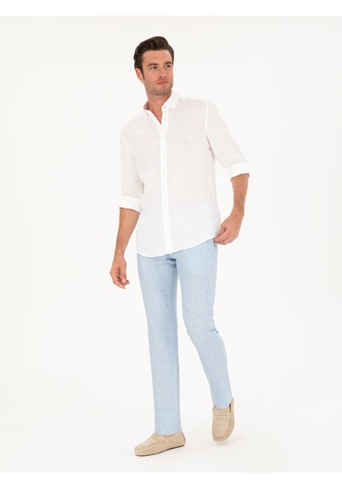 Cacharel Açık Mavi Slim Fit %100 Keten Pantolon Denim