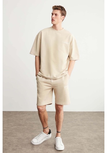 GRIMELANGE Colombıa Erkek 2'li Set Comfort Fit Rahat Kalıp Yazı Nakışlı Şardonsuz Bej Eşofman Takımı Bej