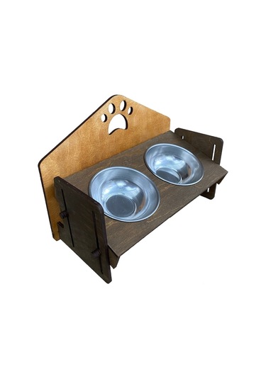 Ahşap Pati Desenli Yükseklik ve Eğim Ayarlı Suya Dayanıklı Kedi Mama ve Su Kabı Ahşap