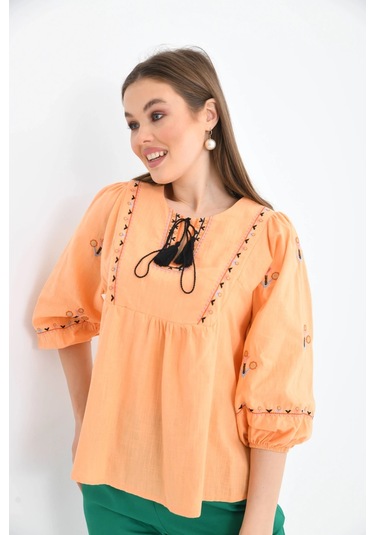 Kadın Bisiklet Yaka Balon Kol Otantik Nakış Detaylı Dokuma Bluz Turuncu