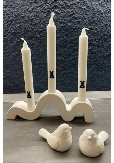 Modern Dalga Tasarımlı 3 Lü Beton Mumluk Şamdan - Dekoratif El Yapımı Masa Üstü Mumluk Beyaz