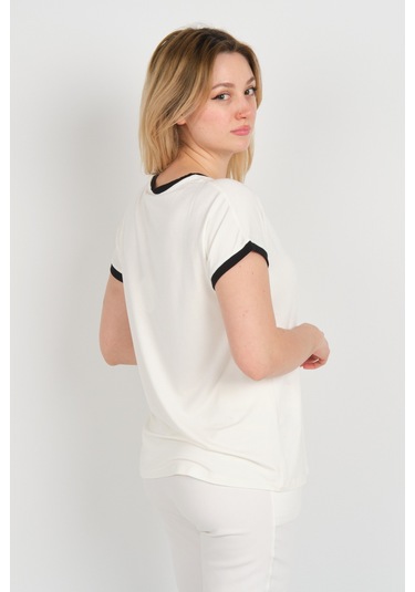 Sistas Kadın Düşük Kol Boncuk İşlemeli Bisiklet Yaka Bluz 24274 Ekru Ekru