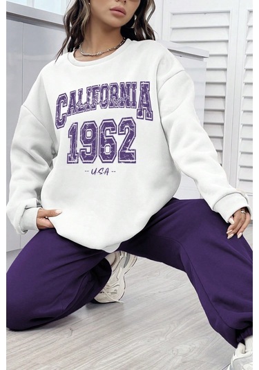 Modagen Unisex Mor Beyaz Bisiklet Yaka California Baskılı Alt-üst Eşofman Takımı Mor-beyaz