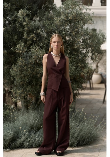 Nagmetah Sırt Pencereli Bordo Yelek Pantolon Takım Bordo