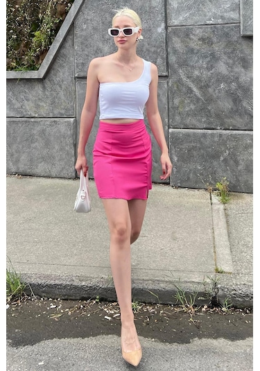 Madmext Pembe Yüksek Bel Önden Yırtmaçlı Kısa Etek Mg2086 Pembe