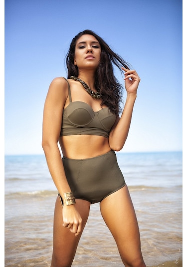 Zi Haki Yeşil Yüksek Bel Bikini Alt Üst Takım