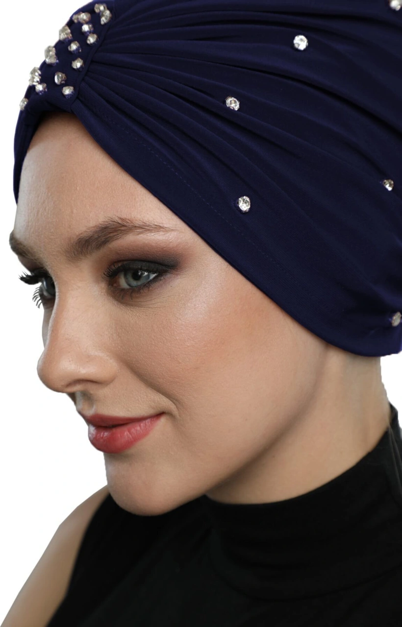 Zeni Taşlı Astarlı El İşi İşlemeli Lacivert Hazır Türban Tesettür Bonesi Lacivert