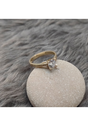 Chavin 0,85 Carat Tek Taş Sarı Altın Yüzük Du33