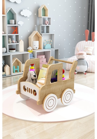 Happy Walker -Ahşap İlk Adım Arabası - Yürüme Arkadaşı - Yürüteç - Oyuncak Organizer