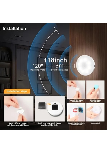 Dashanshop 3 Adet Hareket Sensörlü Gece Lambası Dolap Banyo Merdiven Işığı Sıcak Beyaz Sıcak Beyaz/3-3 Adet