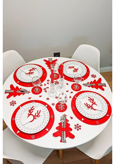 Yılbaşı Temalı Supla Seti 4 Kişilik Kırmızı Keçe, 3mm, Bardak Altlığı Ve Peçetelikli Kırmızı