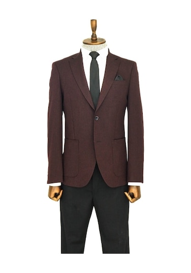 Kendinden Desenli Slim Fit Sivri Yaka Bordo Erkek Ceket 001