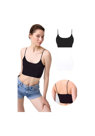 Cottonhill Pamuklu İnce Askılı Kadın Crop Top Büstiyer 2'li Paket Renkli Çok Renkli