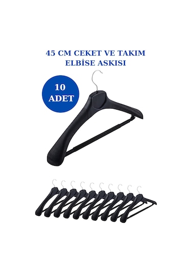 10 Adet Plastik Yüksek Kalite Ceket Askısı Elbise Askısı Siyah