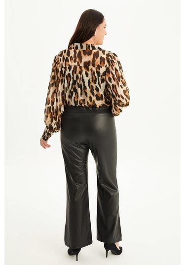 Suni Deri Yanı Yırtmaçlı Pantolon-1650 Siyah