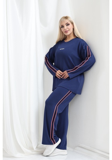 Kadın Büyük Beden Uzun Kollu Şerit Detaylı Oysho Tarzı Modal Kumaş Takım Lacivert