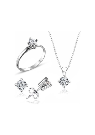 Sertifikalı Swarovski Taş Zarif Tektaş 925 Gümüş Set Takım