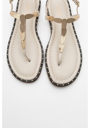 Marea Bej Hakiki Deri Parmak Arası Gold Tokalı Kadın Sandalet Bej
