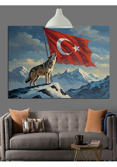 Dağ Başında Türk Bayrağı Dekoratif Kanvas - Mdf Ahşap Tablo