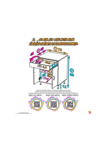 Modilayn Qplas Xl Set Ocak Altı Dolap 70x88x48 Cm Çekmeceli, Kapaklı 2 Göz Raf Bölmeli Beyaz
