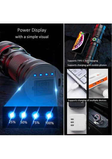 Wezone A55 Beyaz Lazer El Feneri, 1200 Lumen, Usb Hızlı Şarj, 3280ft Uzak Menzil, Su Geçirmez, Fokus Ayarlanabilir, Kamp/hiking/acil Durumlar İçin Led El Feneri Siyah