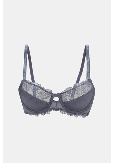 Paris Gri Mavi Balenli Dantelli Dolgusuz Toparlayıcı Balkonet Sütyen Mavi